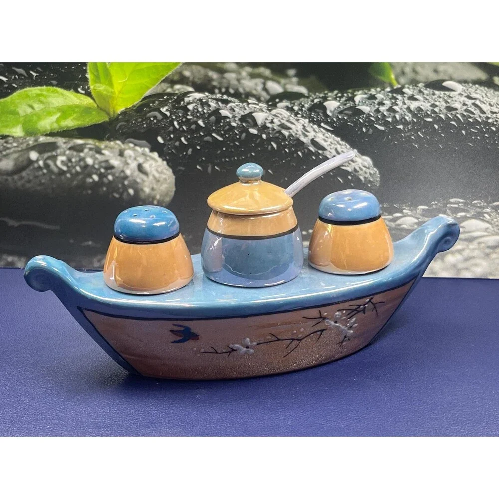 Vintage 1940s Japanese lusterware condiment boat set